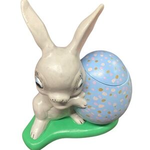 Vintage Easter Bunny Candy Dish Holder Blue Egg Speckled Ceramic Spring‎ Decor